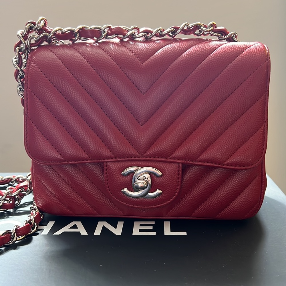 CHANEL RARE Caviar Square Mini Chevron Red with Silver Hardware
